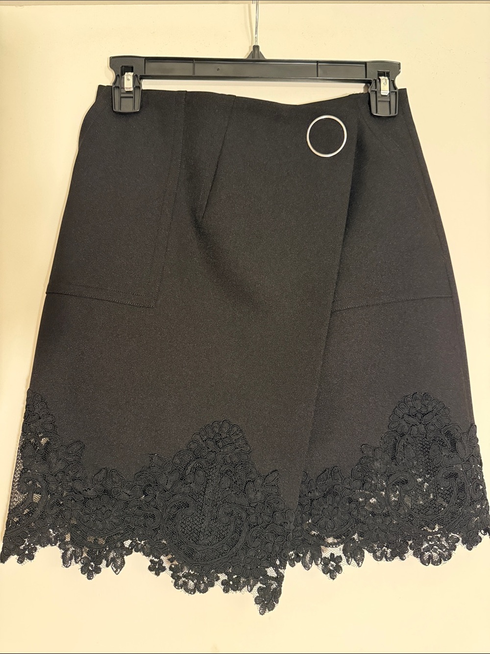 Sandro Black Wrap Mini Skirt with Lace Hem and Silver Ring size 1